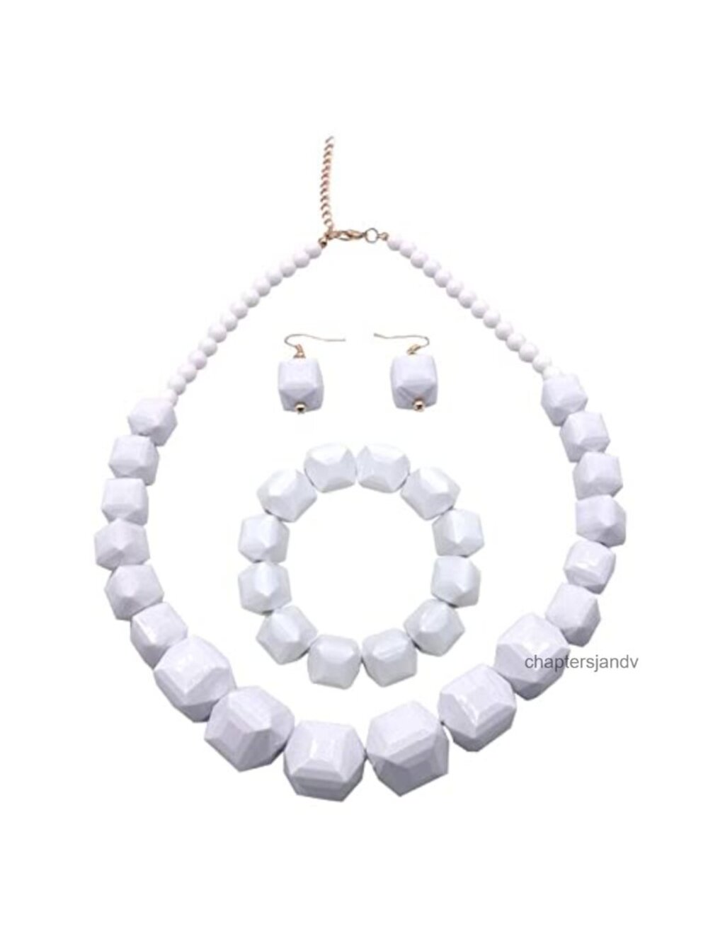 White Beads Necklace Acrylic Statement Chunky Strand Costume Jewelry Set